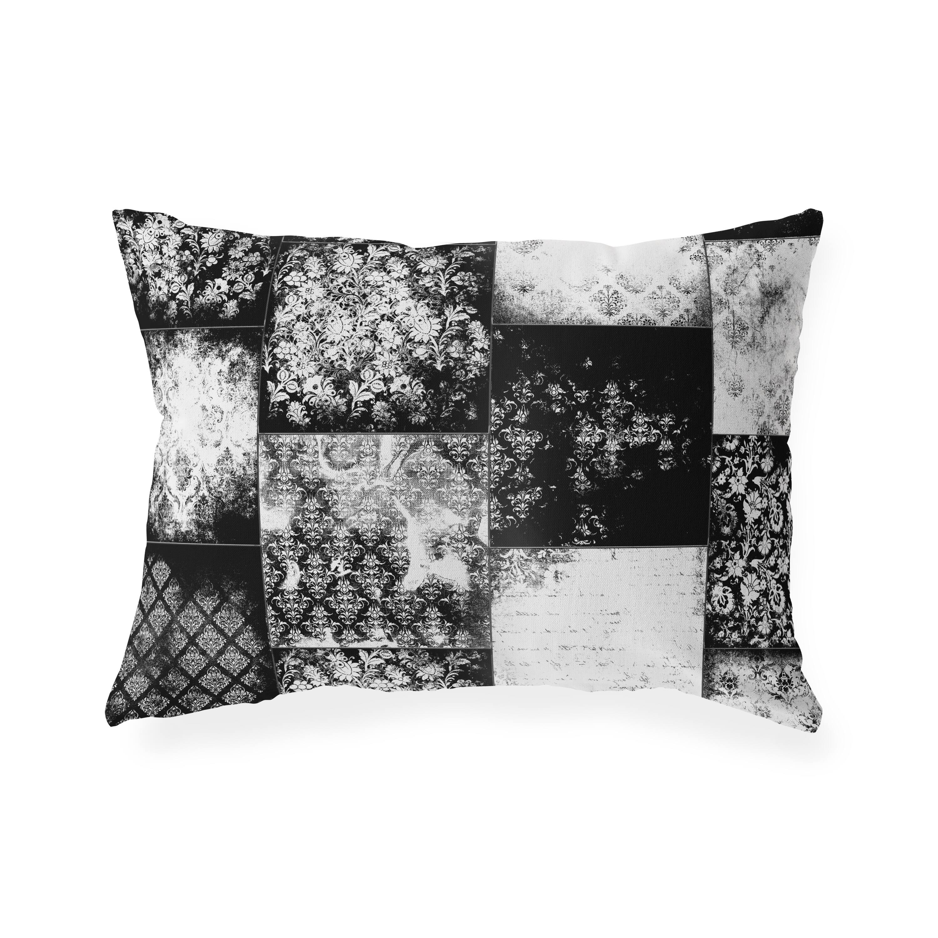 ECLECTIC BOHEMIAN PATCHWORK BLACK & WHITE IndoorOutdoor Lumbar Pillow